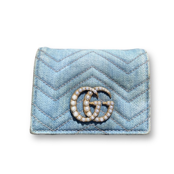 FULL INCLUSION! RARE Gucci Pearly GG Marmont Matelasse Denim Wallet with Chain. - Picture 2 of 16